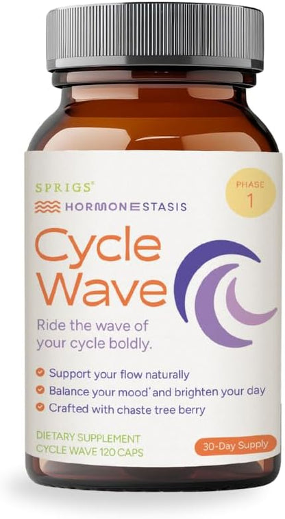SPRIGS Cycle Wave Phase 1 Hormonal Support Kit for Tween Girls | Supplements to Promote a Healthy Menstrual Cycle & Balance Mood | 120 Herbal Capsules & 60 Wheat Germ Oil Softgels for a 30 Day Supply