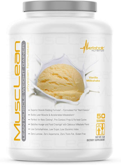 Metabolic Nutrition - Musclean - Milkshake, Whey High Protein Meal Replacement, Maintenance Nutrition, Low Carb, Keto Diet, Digestive Enzymes, Vanilla, 5 Pound (50 ser)