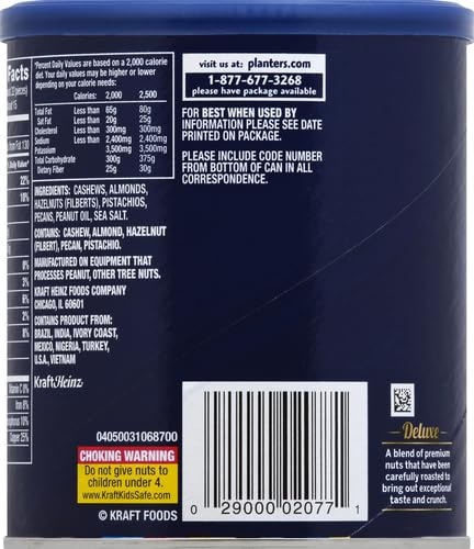 PLANTERS Deluxe Mixed Nuts - Roasted Cashews, Almonds, Brazil Nuts, Pistachios, and Pecans, Plant-Based Protein, Quick Snack, 15.25oz Canister (Pack of 4)