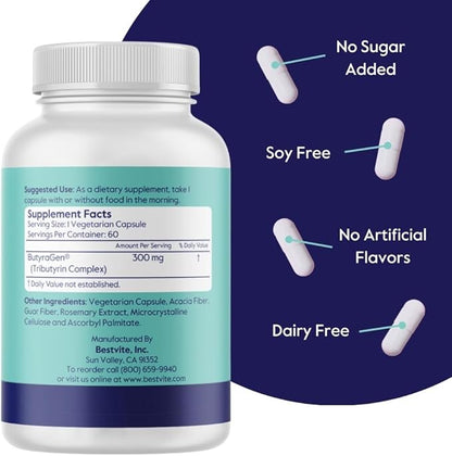BESTVITE ButyraBoost 300mg Tributyrin Complex (60 Vegetarian Capsules) - No Stearates - Vegan - Non GMO - Gluten Free - Butyrate Gut Health Supplement