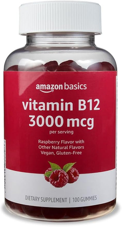 Amazon Basics Vitamin B12 3000 mcg Gummies, Normal Energy Production and Metabolism, Immune System Support, Raspberry, 100 Count (2 per Serving) (Previously Solimo)