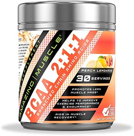 Amazing Muscle BCAA 2:1:1 Branched Chain Amino Acids Supplement | 6000 Mg Per Serving | Peach Lemonade Flavor | 30 Servings