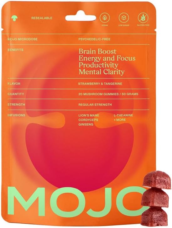 Mojo Focus Gummies with Lion’s Mane, Panax Ginseng, Ginger Root & Cordyceps, Brain Supplement for Memory and Focus, Nootropic Mushroom Gummies for Adults, Vegan Strawberry Tangerine, 1 Pack