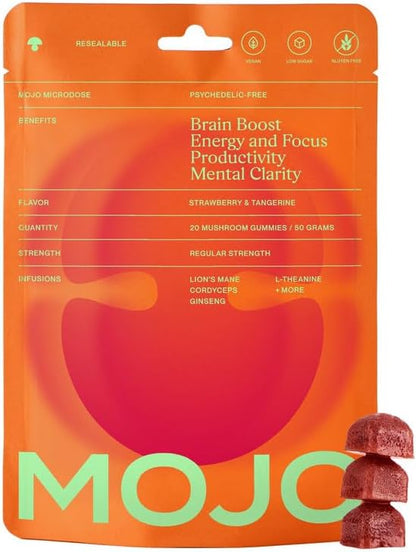 Mojo Focus Gummies with Lion’s Mane, Panax Ginseng, Ginger Root & Cordyceps, Brain Supplement for Memory and Focus, Nootropic Mushroom Gummies for Adults, Vegan Strawberry Tangerine, 1 Pack
