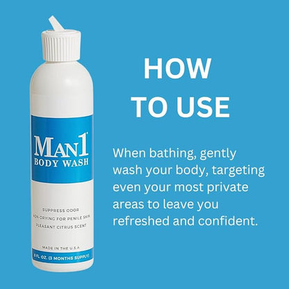 Man1 Body Wash. Intimate Cleanser for Men. Stop Penile Odor, Keep Genital Area Fresh and Clean. Hydrates and Does Not Dry Out Delicate Male Skin. No More Dryness or Itching Below the Belt.
