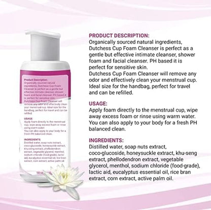 DUTCHESS Foaming Menstrual Cup Cleanser & Feminine Wash (3.4 oz), pH Balanced Plant Based Ingredients, Safe for Silicone Feminine Care Period Cups & Discs