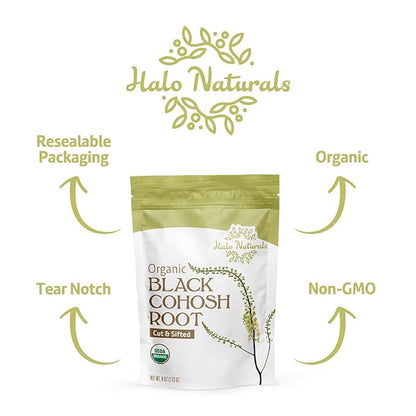 Halo Naturals Organic Black Cohosh Root Cut & Sifted, 4 Ounces (Cimicifuga racemosa) USDA Certified | Resealable Pouch| Packaged in The USA