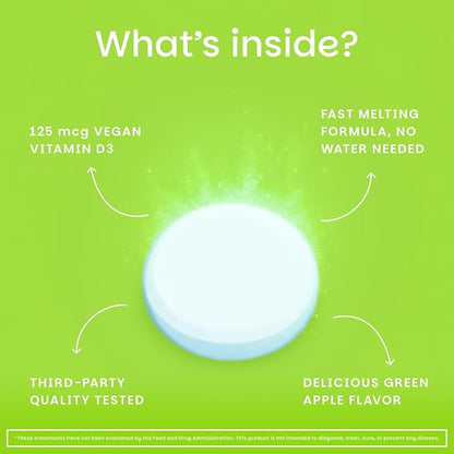 EZ Melts Dissolvable Vitamin D3 5,000 IU - Vegan Vitamin D Supplement for Bone & Teeth Support - No Artificial Flavors - Plant-Based & Non-GMO - Green Apple - 90 Dissolvable Tablets (90 Servings)