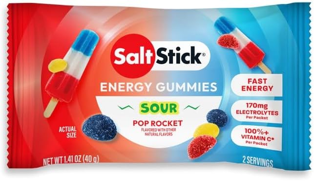 SaltStick Energy Gummies with Electrolytes, Sour Pop Rocket, Easy to Chew Electrolyte Gummy, 10 Packs, 80 Gummies