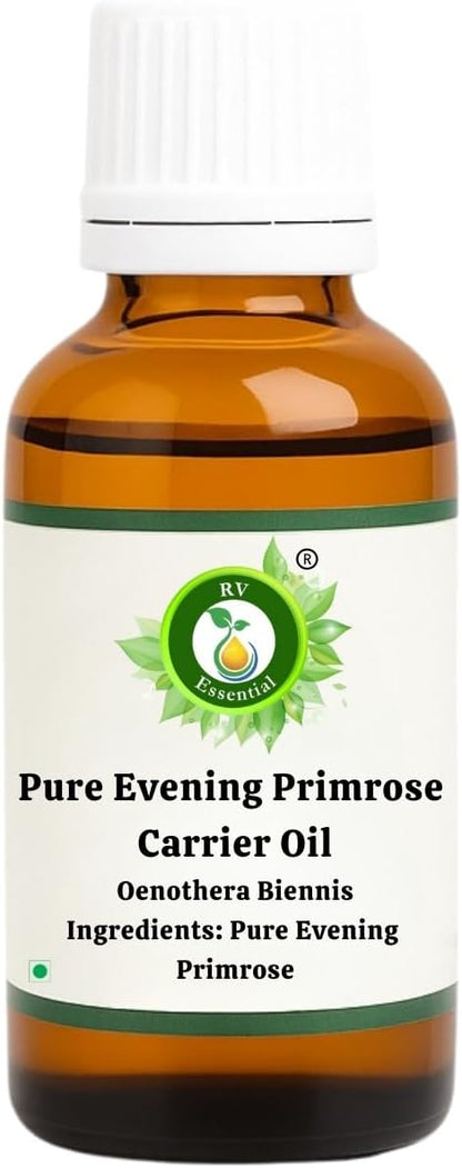 R V Essential Pure Evening Primrose Oil | Oenothera Biennis | 100% Natural Cold Pressed | for Face, Skin Care, Hair Care, Scalp Massage, Body Massage | 10ml | 0.338oz