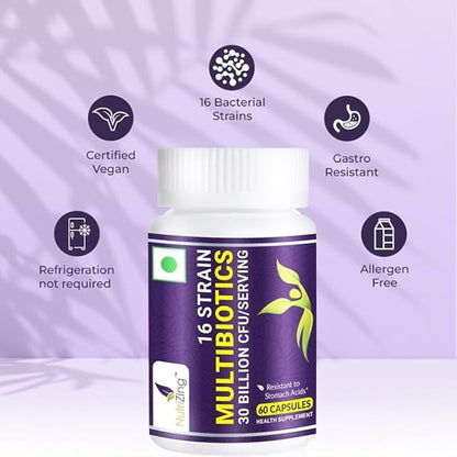 NutriZing Vegan Probiotics for Digestive Health - 30 Billion CFU & 16 strains - Bifidobacterium & Lactobacillus Probiotics for Men & Women - Delayed Release Probiotic Gut Health Supplement
