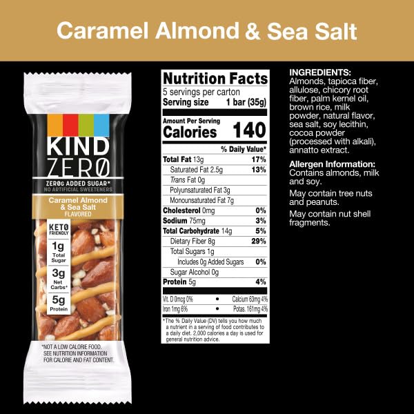 KIND ZERO Added Sugar Bars, Caramel Almond & Sea Salt, Keto Friendly Snacks, Gluten Free, 5g Protein, 5 Count (Pack of 2)