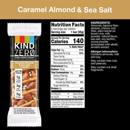 KIND ZERO Added Sugar Bars, Caramel Almond & Sea Salt, Keto Friendly Snacks, Gluten Free, 5g Protein, 5 Count (Pack of 2)