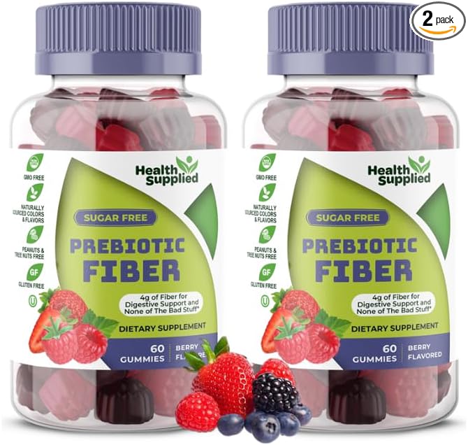 Health Supplied Mixed Berry Flavored Prebiotic Fiber Gummies - Supports Digestive System Gut Cleansing, Constipation Relief - Assists with Weight Loss Plan - Great Tasting and Easy to Swallow