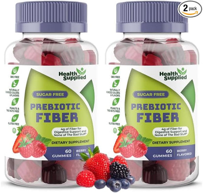 Health Supplied Mixed Berry Flavored Prebiotic Fiber Gummies - Supports Digestive System Gut Cleansing, Constipation Relief - Assists with Weight Loss Plan - Great Tasting and Easy to Swallow