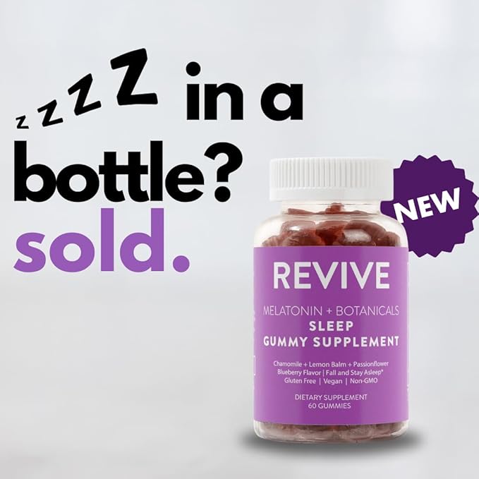REVIVEEO Melatonin & Botanicals Sleep Gummy Supplement by Revive Essential Oils with Chamomile, Lemon Balm & Passionflower - 5 mg Melatonin - Blueberry Flavored