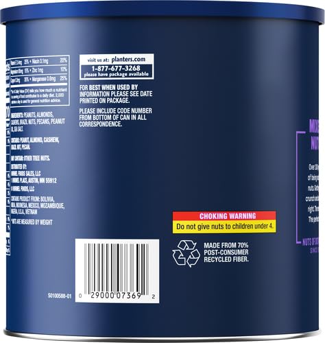 PLANTERS Salted MixedNuts, Peanuts, Almonds, Cashews,BrazilNuts and Pecans, PartySnack, Plant-Based Protein, Quick Snackfor Adults, After SchoolSnack, Bulk Nuts, Kosher,56oz Canister (Pack of 2)