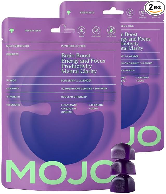 Mojo Focus Gummies w/Lion’s Mane, Panax Ginseng, Ginger Root, Cordyceps, Brain Supplement Memory/Focus Support Adults Nootropic Mushroom Gummies, Blueberry Lavender, Regular Strength (2 Pack)