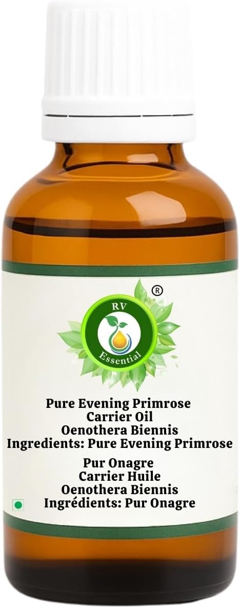 R V Essential Pure Evening Primrose Oil | Oenothera Biennis | 100% Natural Cold Pressed | for Face, Skin Care, Hair Care, Scalp Massage, Body Massage | 5ml | 0.169oz