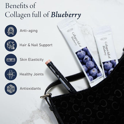 Korean Collagen Jelly Sticks - 25 Blueberry Flavored Marine Collagen Peptide Snacks for Anti-Aging- Collagen Protein Sugar-Free, Travel Packs for Hair & Nail Strength
