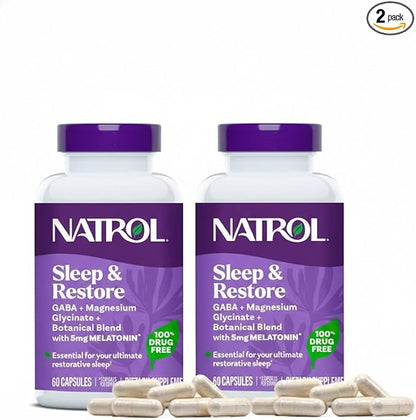 Natrol Sleep & Restore Capsules - Calm Magnesium Glycinate, Magnesium Sleep Aid with GABA, Melatonin 5mg, Botanical Blend, 30 Day Supply, 60 Count (Pack of 2)
