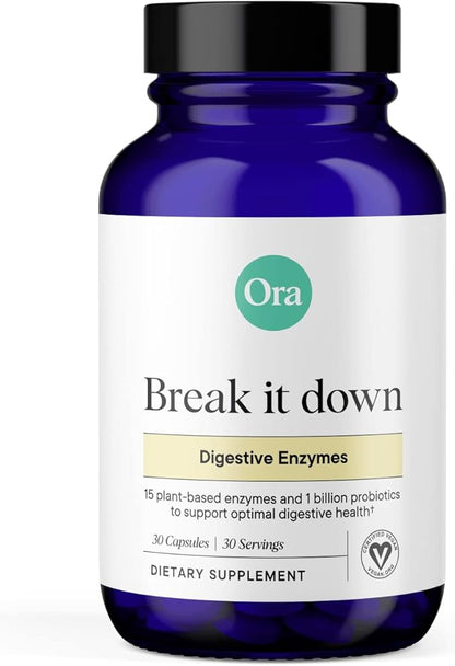 Ora Organic Multi-Enzyme Supplement - Vegan, Gluten Free Enzymes for Digestion with Probiotics for Gut Health, Bloating, Constipation and Gas Relief - 30 Easy to Swallow Capsules