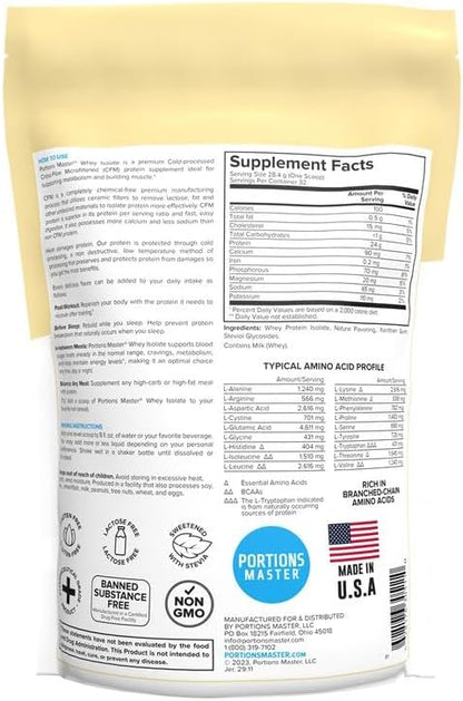 Portions Master CFM Whey Isolate Protein Powder, 2 LB, 23g Low Carb, Low Fat, Cold-Processed, Fast Absorbing, Muscle Growth & Recovery Support (Vanilla Ice Cream)