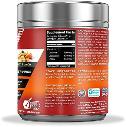 Amazing Muscle BCAA 2:1:1 Branched Chain Amino Acids Supplement | 6,000 Mg Per Serving | Fruit Punch Flavor | 30 Servings