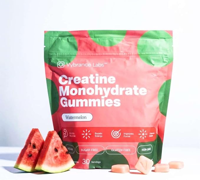 VYBRANCE LABS Creatine Gummies for Women & Men — First & Only 5g Creatine + Taurine + Vitamin B12 | Vegan Creatine Gummies | Sugar-Free | Watermelon
