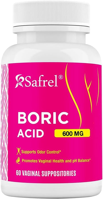 Safrel Boric Acid Vaginal Suppositories - 100% Pure Made in USA - Intimate Health Support, Vaginal Health and pH, Odor Control (60 Count)
