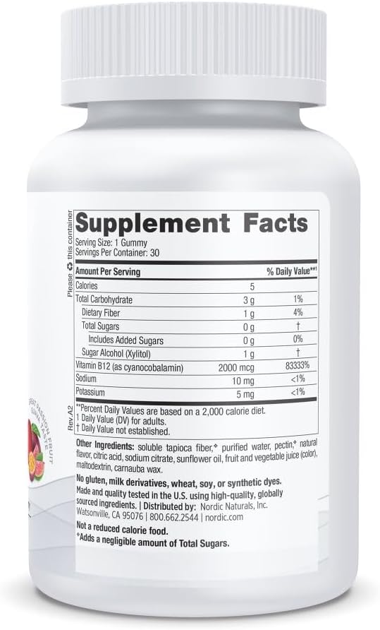 Nordic Naturals Zero Sugar Vitamin B12 Gummies - 2000 mcg Vitamin B12 per Gummy, Passion Fruit Guava Flavor - 30 Gummies, Essential Nutrient Support for Energy Production and Brain Health, 30 Servings