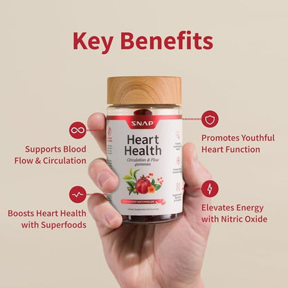 Snap Supplements Heart Health Gummies, Blood Circulation Supplements, CoQ10 Heart Health Supplements, Blood Flow Supplement, Sugar Free, 60 Gummies (Pack of 2)