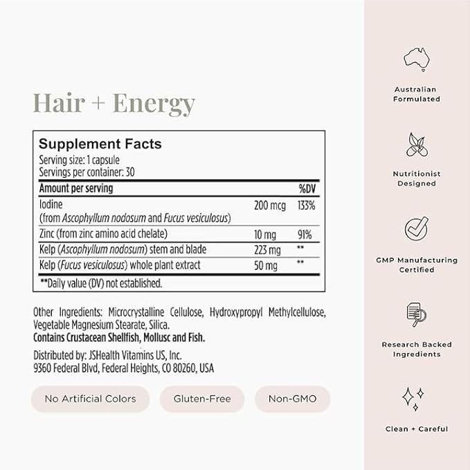 JSHealth Hair Growth Vitamins for Women. Hair + Energy with Kelp Iodine and Zinc. Supports Thickness, Strength, Energy. Nutritionist-Formulated (30 Capsules)
