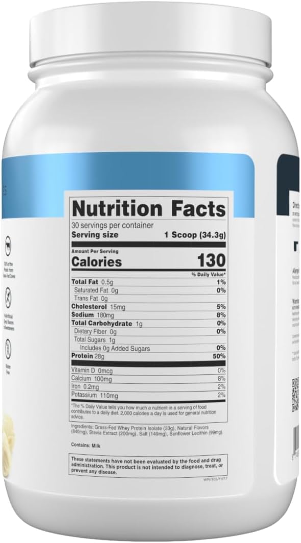 Transparent Labs Grass-Fed Whey Protein Isolate - Naturally Flavored, Gluten Free Whey Protein Powder with 28g of Protein per Serving & 9 Amino Acids - 30 Servings, French Vanilla
