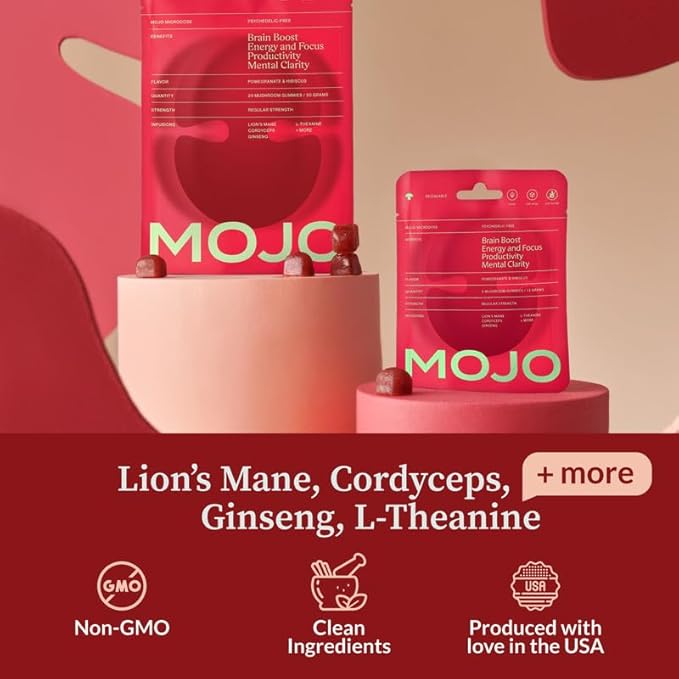 Mojo Focus Gummies w/Lion’s Mane, Panax Ginseng, Ginger Root, Cordyceps, Brain Supplement Memory/Focus Support Adults Nootropic Mushroom Gummies, Pomegranate Hibiscus, Regular Strength (2 Pack)