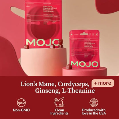 Mojo Focus Gummies w/Lion’s Mane, Panax Ginseng, Ginger Root, Cordyceps, Brain Supplement Memory/Focus Support Adults Nootropic Mushroom Gummies, Pomegranate Hibiscus, Regular Strength (2 Pack)