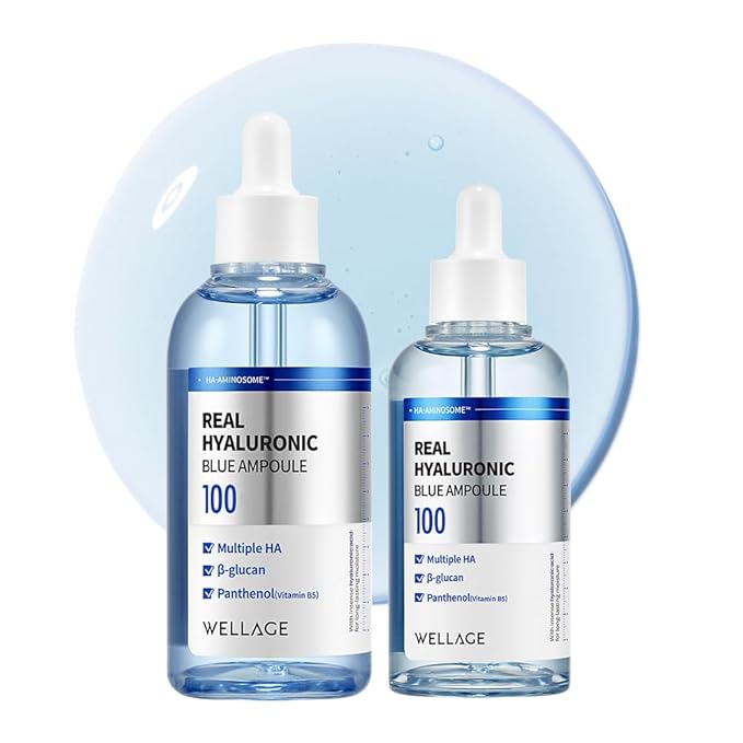 WELLAGE Real Hyaluronic Blue Ampoule 100, Korean Hydrating Serum for Face, Skin Firming Hyaluronic Acid Serum with Panthenol for Sensitive Skin, (3.38Fl.oz + 2.53Fl.oz)