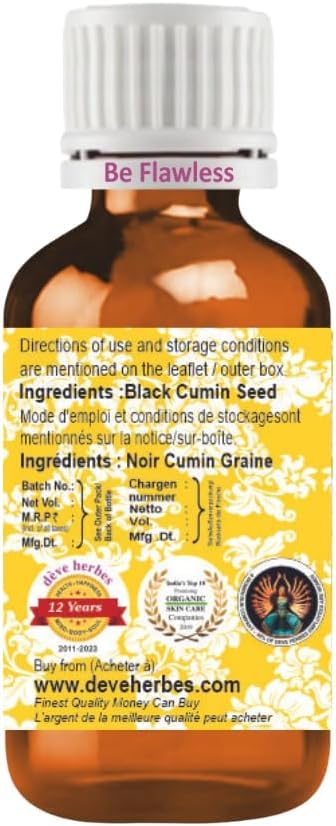 Deve Herbes Black Cumin Seed (Kalaunji) Oil (Nigella sativa) | Cold Pressed | Pure | Natural | For Diluting Essential oils | Hair, Skin & Massage | Non-Sticky | Lightweight | Unisex | 15ml (0.50 oz)