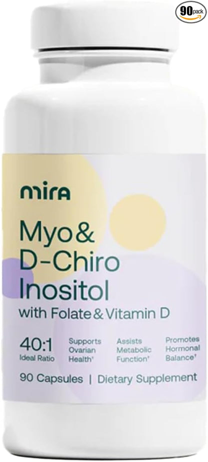 MIRA PCOS Supplement, Myo Inositol & D-Chiro Inositol 40:1 Ratio, Helps Promote Hormonal Balance and Support Ovarian Health & Metabolism, 90 Capsules (30 Servings), 1 Bottle