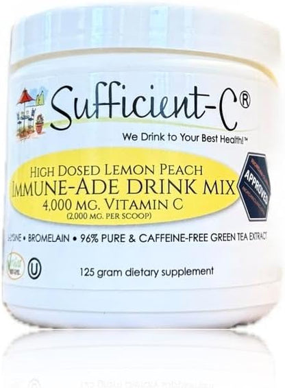 Sufficient-C High Dose Non-GMO Vitamin C Lemon Peach Immune-Ade Drink Mix, Convenient 125 Gram Size w/L-lysine, Bromelain & a Premium 96% Pure Green Tea Extract - Stomach Friendly, Adrenal Supportive