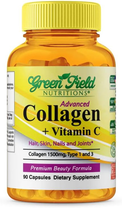 Greenfield Nutritions - Halal Collagen Peptides 1500 mg Type I & III, with Vitamin C 300 mg for Better Absorption, Anti-Aging Formula for Hair, Skin, Nails & Joints, Halal Vitamins, 90 Capsules