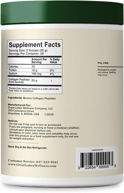 Great Lakes Wellness Collagen Peptides Powder – Supports Skin, Hair, Nails, Joints & Digestion – Hydrolyzed, Quick Dissolve, Non-GMO, Keto & Kosher – Pure Collagen Protein (20 oz, 28 Servings)