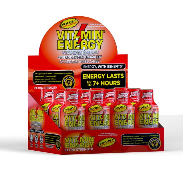 Vitamin Energy Focus+ Extra Strength Energy Shot Tropical Infusion 12 Pack, 260mg Natural Caffeine, B-Vitamins, CoQ10, Amino Acids, Focus, Productivity & Clarity, Zero Sugar, Gluten-Free, 1.93 fl oz