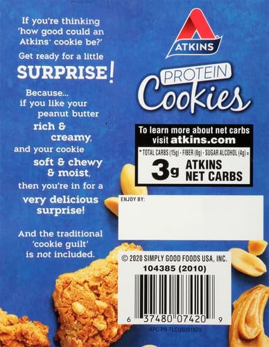 Atkins Peanut Butter High Protein Cookie, Keto Snacks, 3g Net Carb, 1g Sugar, Low Sugar Snacks, Low Carb Treats, 4 Count