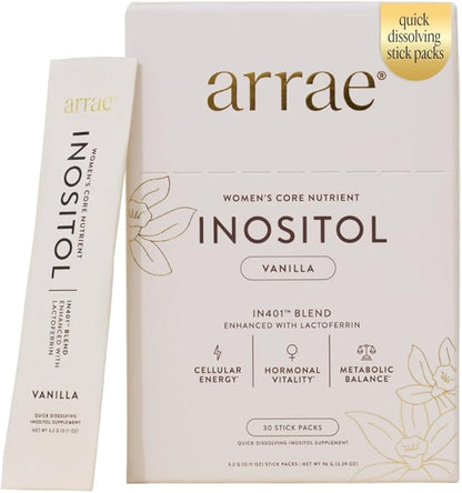 Arrae Inositol Supplement for Women - Supports Healthy Hormonal Balance, Regular Cycles, & Ovarian Health - 40:1 Myo & D-Chiro Raton with Lactoferrin & Folate - Vanilla Flavor - 30 Pack