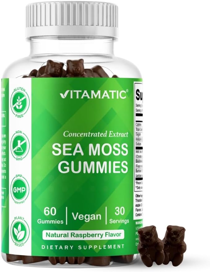 Vitamatic Irish Sea Moss Gummies with Bladderwrack & Burdock Root – Botanical Extract Supplement – Vegan, Non-GMO – 60 Count