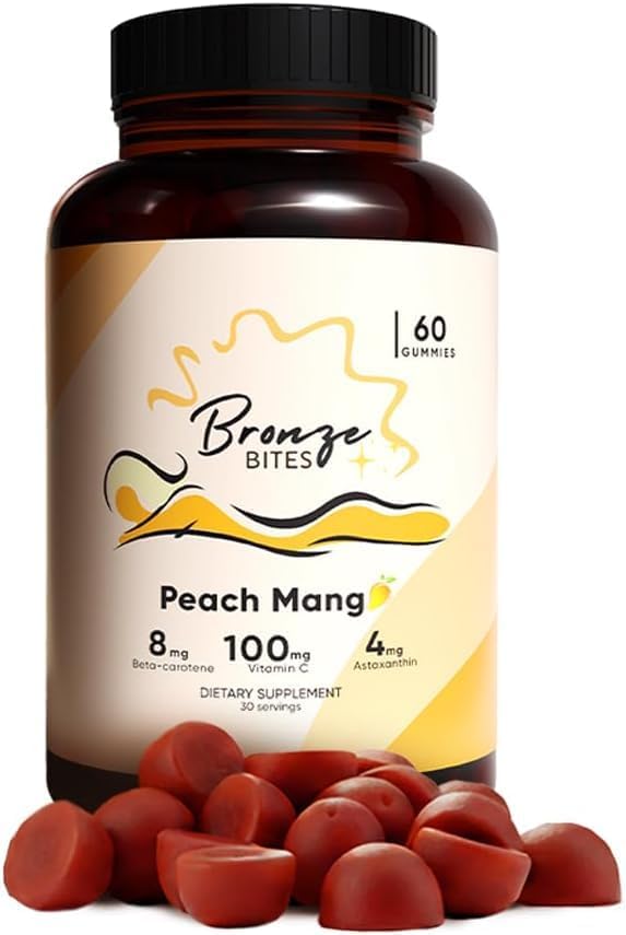 Organic Tanning Gummies for Glowing & Healthy Skin, Clinically Backed Dose Astaxanthin & Beta-Carotene Complex for Supports, Peach Mango 60 Count, Made in USA