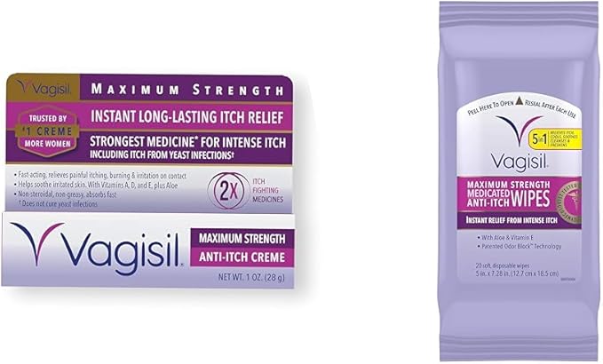 Vagisil Maximum Strength Feminine Anti-Itch Cream & Wipes with Benzocaine for Women, Instant Relief, 20 Wipes (Pack of 1)