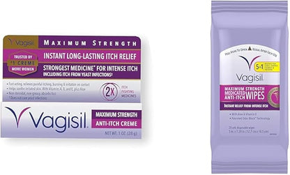 Vagisil Maximum Strength Feminine Anti-Itch Cream & Wipes with Benzocaine for Women, Instant Relief, 20 Wipes (Pack of 1)