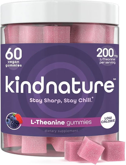 kindnature L-Theanine Gummies 200mg – Calm & Focus Supplement for Adults & Kids Ages 4+ – Stress Support, Mental Clarity & Non-Drowsy Relaxation – Vegan, Mixed Berry, Non-GMO